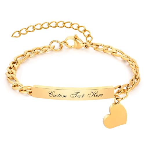 Women's Personalized Gold Heart Bracelet - Free Engraved Custom 14k Gold Plated Bracelets,Hypoallergenic Stainless Steel Charm Stackable Heart Chain Jewelry,Dainty Customized Gift for Her Friends