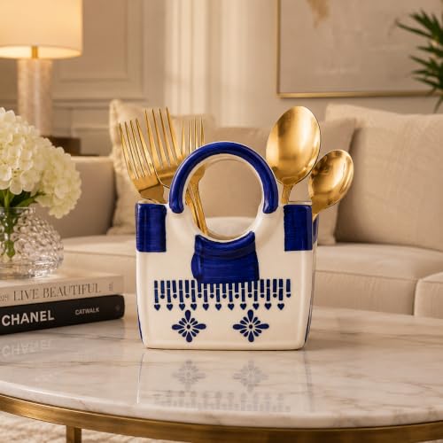 Image of Ceramic Utensil Holder, White Kitchen Organiser, Cutlery Set Holder (Blue Floral)