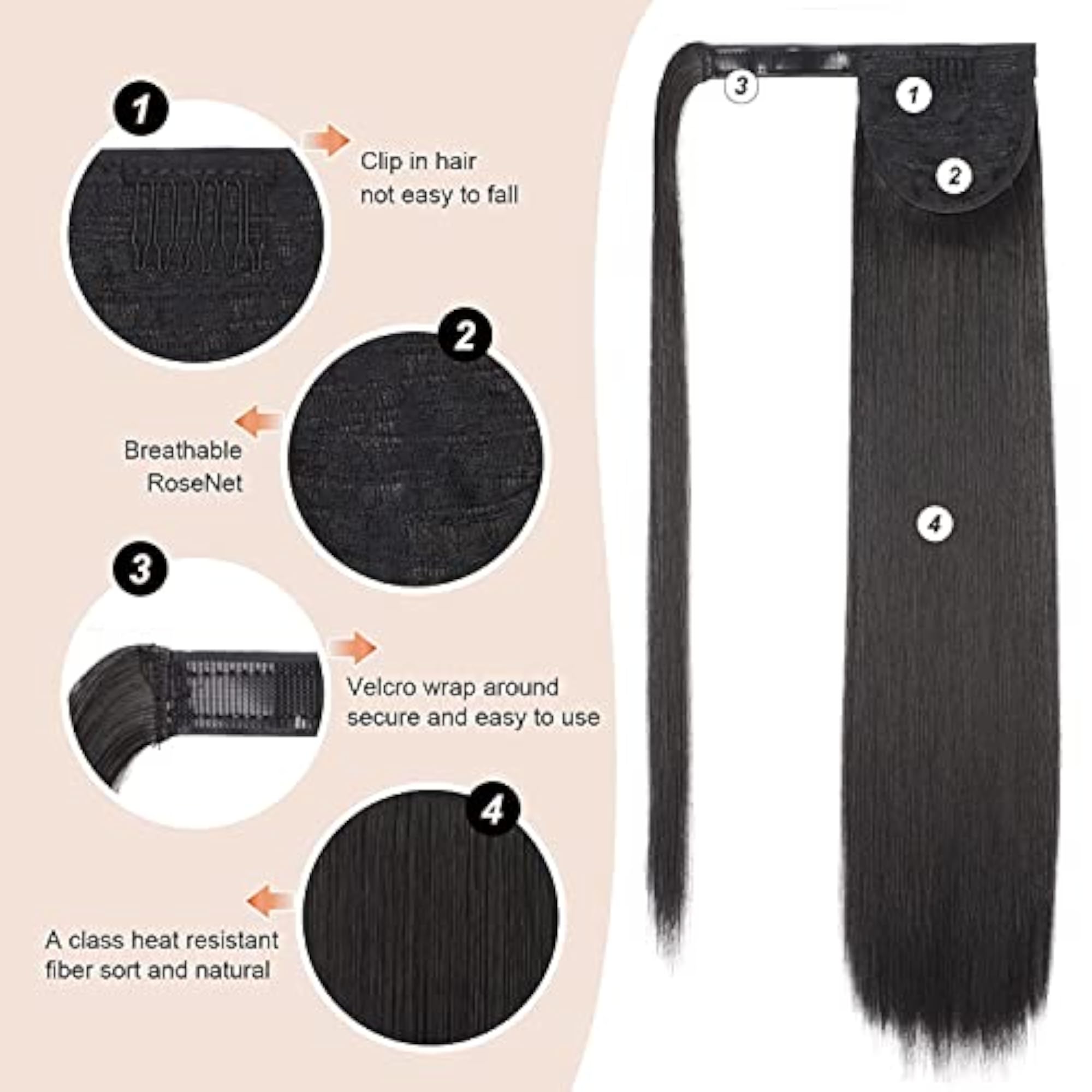 Straight Ponytail Extensions Hair Piece Wrap, Synthetic