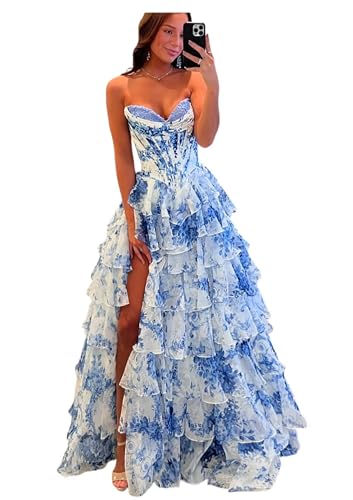 Misshow Robe Bal de Promo Femme Longue Bustier Col cœur Forme A-Ligne en Tulle avec l'Inpression...