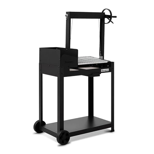 BRASERO - Barbecue charbon et bois Salamanca - Grille ronde en acier chromé de 40,5 x 49 cm réglable en hauteur - Grill à manivelle - Poignée - Bac à charbon - Tablette inférieure, Noir