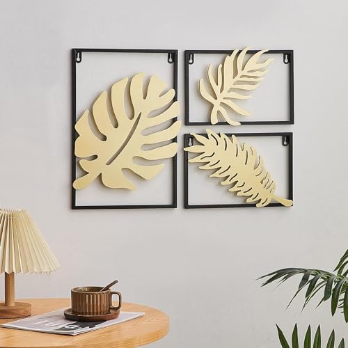 Image of SHREE 'O' GREEN TECH Gold Metal Wall Decor Leaf Wall Hanging Decoration, Set of 3 Metal Wall Art Home Decor for Living Room Office Bedroom Hotel (Design -1)