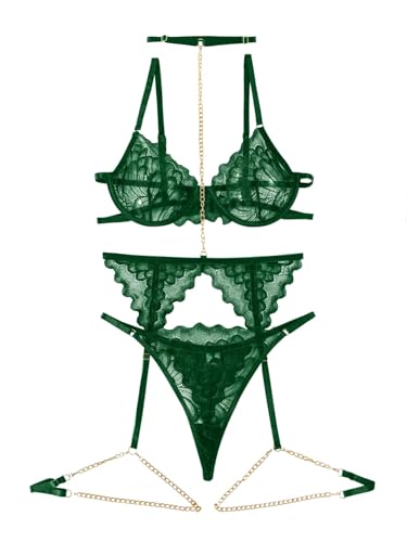 Image of Lilosy Sexy Choker Floral Lace Scallop Sheer Underwire Push Up Garter Belt Lingerie Set 3 Piece