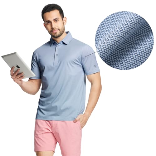 M MAELREG Mens Polo Shirts Short Sleeve Dry Fit Moisture Wicking Jacquard Performance Sport Golf Shirts for Men Light Blue — view 3