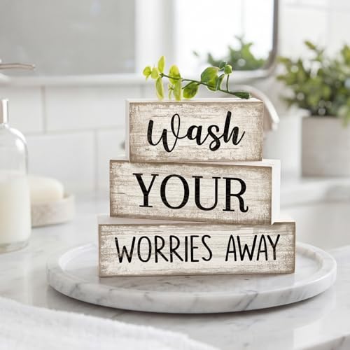 Image of Moucuny 4 Pcs Farmhouse Laundry Room Decor Stacked Blocks Wash Your Worries Away Sign Funny Bathroom Shelf Decor and Accessories Rustic Eucalyptus Leaves Block Signs for Home Bathroom Toilet Washroom