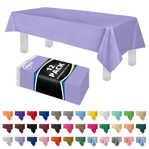 Image of Grandipity Plastic Table Cloth Disposable 12 Pack 54 inch x 108 inch Rectangle | Lavender Plastic table covers, durable disposable tablecloths, fade and tear-resistent table cover for party, event
