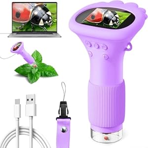 Mikroskop für Kinder, Ashfly 1000X Taschenmikroskop mit 2,0" IPS-Bildschirm USB Microscope Lupe, 8 LED Lights -Anschluss an PC, Mini-Kindermikroskop für Ostern Spielzeug - Purple