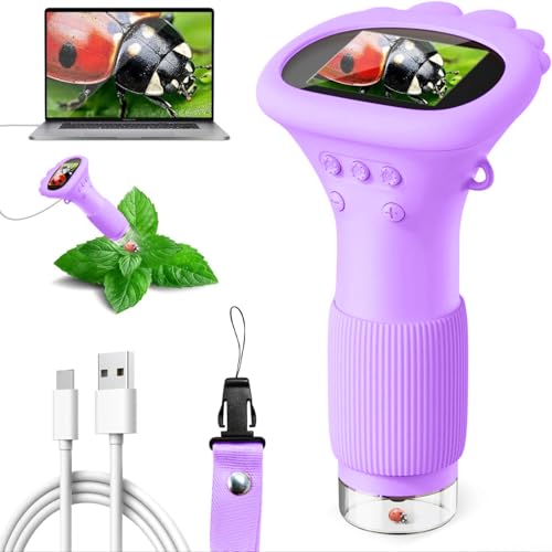 Microscopio para niños, Ashfly 1000X - Microscopio de Bolsillo con Pantalla IPS de 2,0" (USB Microscope, 8 Luces LED, conexión a PC, Mini microscopio Infantil para Juguetes de Pascua, Color Morado)