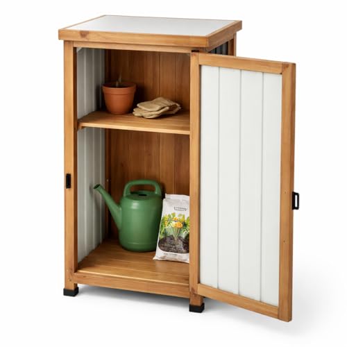 Outdoor Storage Cabinet with Metal Worktop, Fir Wood Frame & Adjustable Shelf, Weather-Resistant Garden Tool Organizer for Patio, Porch, Balcony, or G