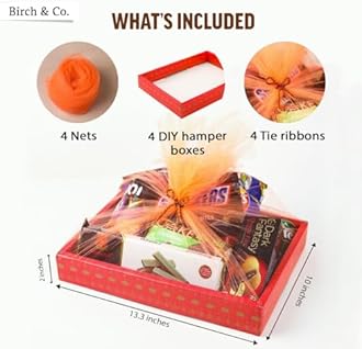 Birch & Co. Gift Box - Birthday Gift Packing Box For Women - Decorative Folding Paper Gift Hamper Empty - Dyi Gift Packs With Tie Ribbons And Nets, Festive Foldable, Stylish Gift Boxes, Red, Pack Of 4