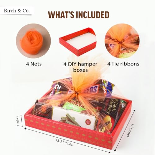 Birch & Co. Gift Box - Birthday Gift Packing Box For Women - Decorative Folding Paper Gift Hamper Empty - Dyi Gift Packs With Tie Ribbons And Nets, Festive Foldable, Stylish Gift Boxes, Red, Pack Of 4