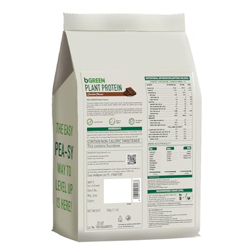 Image of bGREEN Plant Protein Powder, Chocolate (500g, 14 Servings) | Pea Protein Isolate | 22.32g Protein Per Scoop