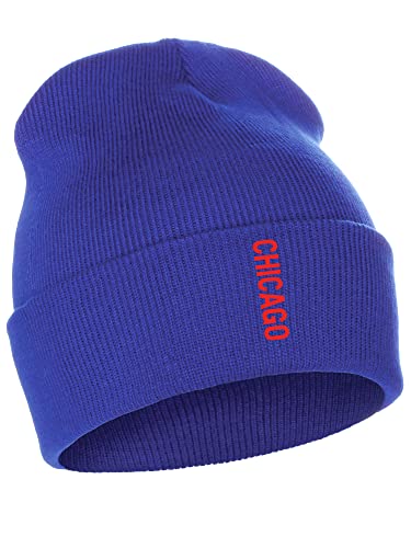 Daxton Vertical USA Cities Cuffed Beanie Winter Knit Hat Skully Cap Chicago Royal Red