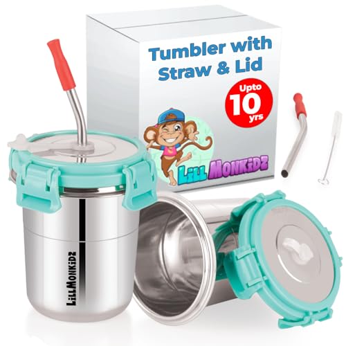 Image of LiLMONKiDZ Steel Tumbler for Kids Set of 2 (300ml Each), Leak Proof Sipper Cups with Lid & Straw, BPA Free Baby Sipper Glass with Cleaning Brush, Drinking Tumbler for Milk, Juice & Water (Sea Green)