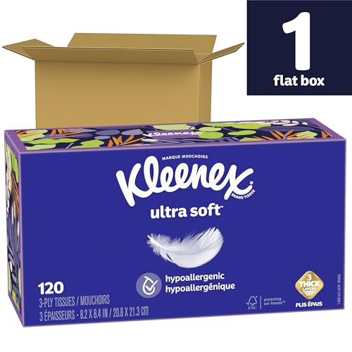 Image of Kleenex Ultra Soft Facial Tissues, 1 Flat Box, 120 Tissues per Box, 3-Ply, Packaging May Vary
