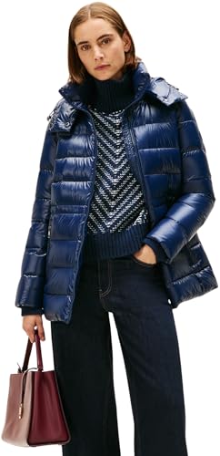 Tommy Hilfiger Women's Gloss Down Waist Puffer Jacket with Stand Collar, Blue (Dark Night Navy), M