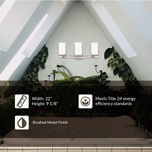 Image of Generation Lighting Alturas 3-Light Wall Bath Sconce in Brushed Nickel | Damp-Rated Wall Sconce Mounts Vertical or Horizontal, Satin Etched Glass, Bathroom Vanity Light, or Bathroom Fixture for Bath