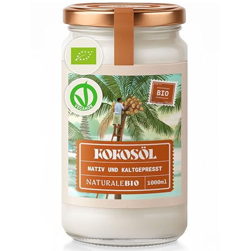 NaturaleBio Bio Kokosöl 1000ml Nativ. Kaltgepresst und Rein. Kokosöl bio kaltgepresst Herkunftsland Sri Lanka. Organic Raw Virgin Coconut Oil.