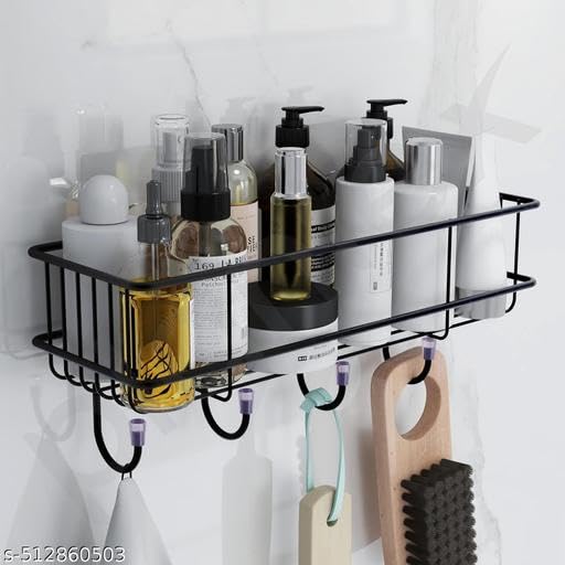 (Pack of 2) Steel Self-Adhesive Multipurpose Bathroom Shelf with Hooks/Towel Holder/Rack/Bathroom Accessories-Wall Mount - Pack of 2 (Black,Powder Coated)|BHR-P1831 3
