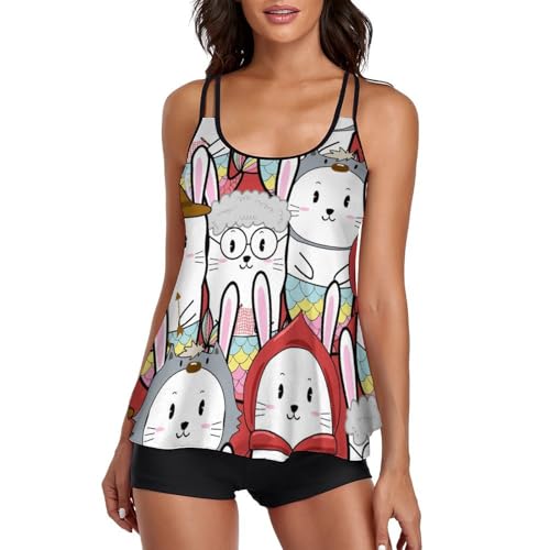 Bikini avec short de garçon tankini femme imprimé dessin animé plage