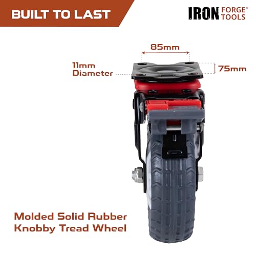 Image of Iron Forge Tools Heavy Duty Swivel Knobby Casters Set of 4, 6 inch Height, 5 inch Diameter, Solid PU Knobby Tread Heavy Duty Wheels, Swiveling Bases, Two Casters with Brakes, Two Without, Black & Red