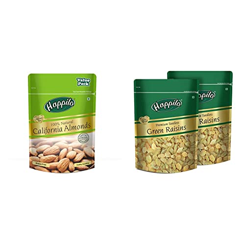 Image of Happilo 100% Natural Premium Californian Almonds Value Pack Pouch, 500 g & Premium Seedless Raisins, 250g (Pack of 2)