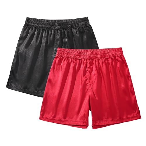 Image of AMY COULEE Mens Satin Boxer Shorts Silky Lightweight Pajama Bottoms Split Side Lounge Sleep Shorts