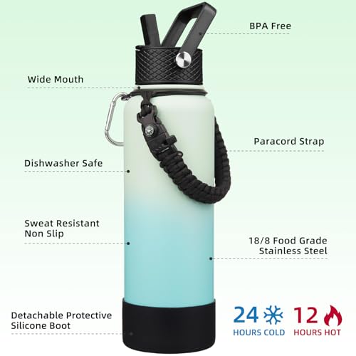 Image of BJPKPK 40oz Insulated Water Bottle with 3 Lids, Straw Lid & Handle