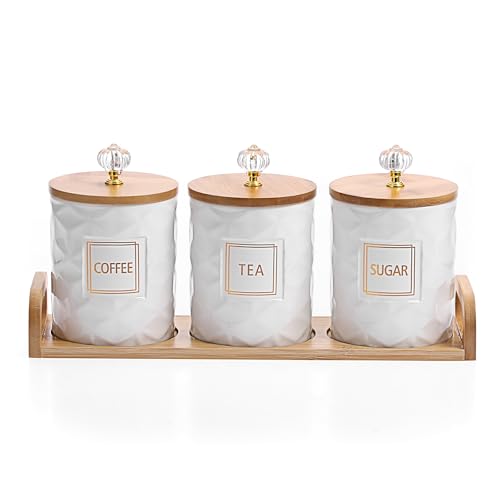 JUXYES Set of 3 Ceramic Coffee Sugar Tea Canister Set with Lid and Tray
