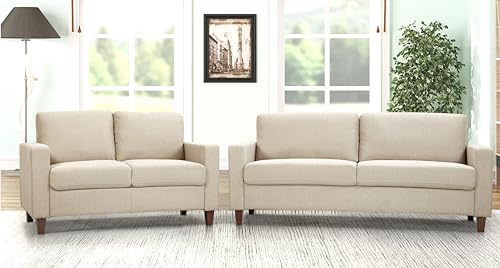 US Pride Furniture 2 Piece Sofa and Loveseat Set with Reversible Back Pillows, Mid Century Modern Couch for Small Spaces, Living Rooms, and, Apartments, 77' & 55' Wide, Beige