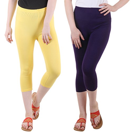 Image of DIAZ Women Cotton Stretchable Capri | Slim /Regular Fit | Breathable Yoga, Gym & Lounge Wear | High-Waist Stretchable 3 /4 Length Leggings with Wide Waistband - Pack of 2