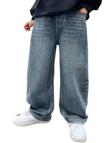 Boy's Baggy Jeans Straight Leg Vintage Jeans Loose Denim Pants with Pockets