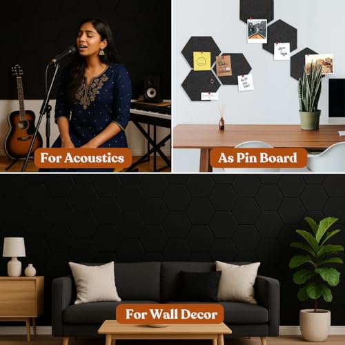 Image of MMT Acoustix HexaFelt Bevelled Acoustic Panels, Luxury Sound Absorbing Felt Wall Panels for Home, Office & Studios | VOC Free, 30x30 cm | Pack of 7 | Piano Black Colour