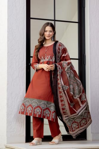 Image of rytras Women Woman's Pure Cotton Straight Kurta Sets with Pant & Dupatta|Kurti Set for Woman|Suit Set for Women Cotton