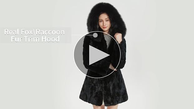 Women's Genuine Rabbit Fur Coat with Fox Fur Trim Hooded