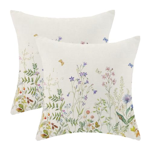 AEIOAE Spring Pillow Covers 18x18 Inch Set of 2,Sage Green Wildflower Butterfly Throw Pillows Case,Floral Botanical Summer Outdoor Decorative Farmhouse Decor Cushion Covers for Home Sofa Bed Couch