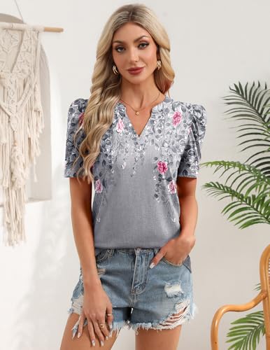 Image of Zeagoo Women Blouses Puff Short Sleeve Tops V Neck Dressy Casual Spring Shirts Boho Floral Cute Clothes 2026