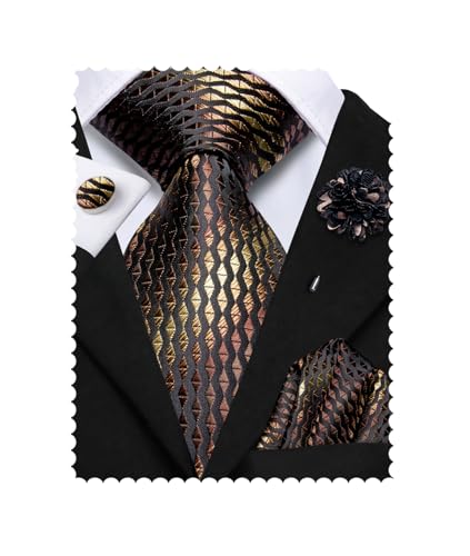 Image of Hi-Tie Black and Brown Striped Ties Men Woven Formal Necktie Lapel Pin Pocket Square Cufflinks Sets Formal Business Wedding