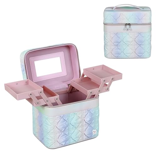 Image of NFI essentials Makeup Box, Vanity Bag, Cosmetic Storage Organiser for Women, Train Case Travel Makeup Pouch Organizer Brush Holder Make up Artist Bridal Trousseau Box for Girls (Quilted)