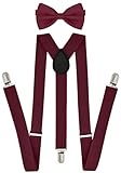trilece Burgundy Suspenders for Men, Adjustable Y Back Suspender and Bow Tie