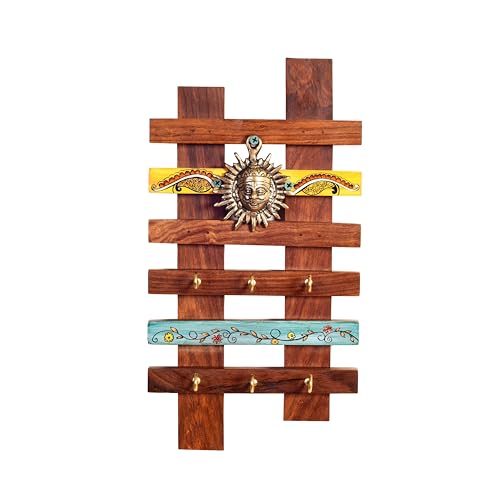 Image of AAKRITI ART CREATIONS Key Holder, Taksha Key Hanger with Mask Motifs and Beautiful Artwork | Rustic Dhokra & Wooden Wall Organizer with 6 Hooks | New Home Gifts.