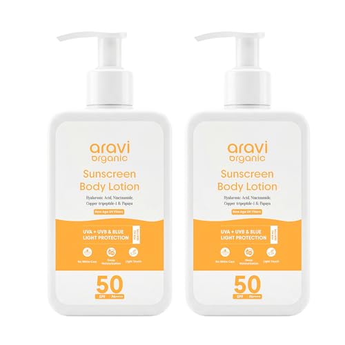 Image of Aravi Organic Oil-Free Sunscreen Body Lotion SPF 50 PA++++ With New-Age UV Filters | (In-Vivo) Dermatologically Tested | Hydrating, Lightweight & No White Cast | UVA /UVB & Blue Light Protection | Niacinamide & Hyaluronic Acid | Sunscreen For Oily & Dry Skin | Pack Of 2