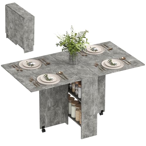 HOMCOM Mesa Plegable de Comedor Mesa de Cocina Plegable con Ruedas Alas Abatibles y Estantes para 4-6 Personas 75x140x74 cm Gris Cemento