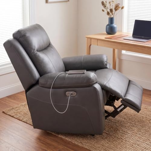 Image of Leather Manual Recliner Chair with USB Port for Home, Deep Grey