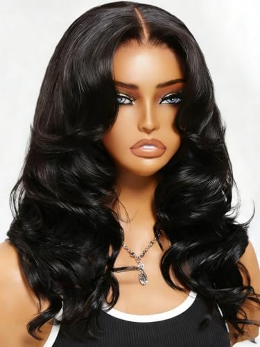KLAIYI Loose Body Wave Glueless Bouncy Curls 180% Density Bye Bye Knots Precut 7x5 Lace Front Wigs Human Hair Drawstring Pre Plucked Bleached 3S Ready to Wear and Go Wig with Face Framing Bangs 18Inch