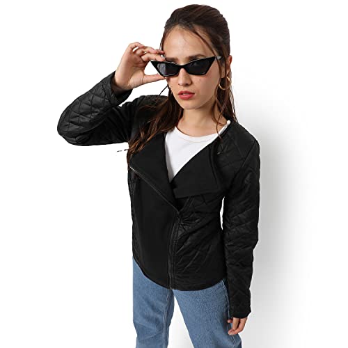 Image of Campus Sutra Women Black Regular Fit Bomber Jacket For Winter Wear | Standing Collar | Full Sleeve | Zipper | Casual Jacket For Woman & Girl | Western Stylish Jacket For Women