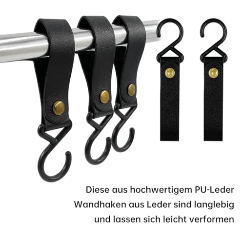 Haken zum Einhängen S Haken mit Lederschlaufe - Kleiderhaken für Stange mit Lederschlaufe, S Haken Schwarz für Kleiderstange, garderobenhaken leder, Kleiderhaken Leder für Küche, Bad, Camping(8 Stk)