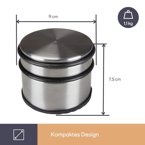 Perel Türstopper Boden ohne Bohren, Tuerstopper Edelstahl, Tür Stop rund, Tür Stopper, Türpuffer, Türhalter, Türfeststeller, rutschfester Boden Gummiring zum Schutz, silbergrau, 9 x 7.5 cm, 1 kg