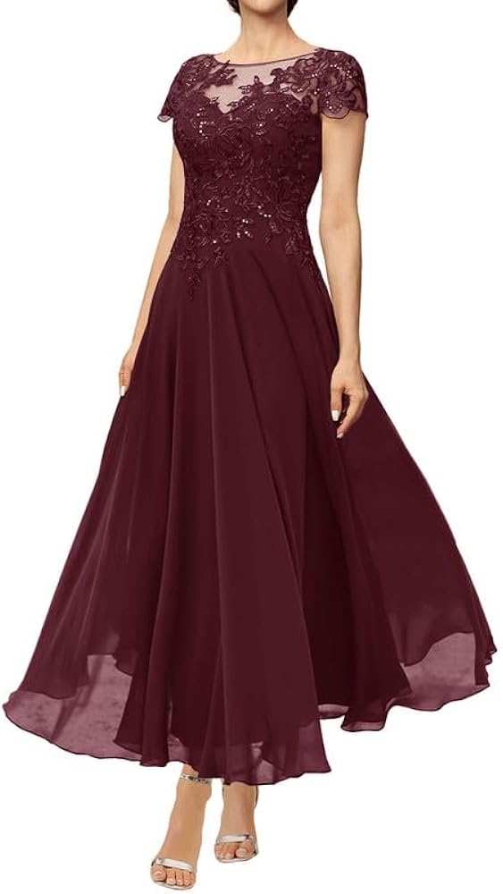 short burgundy mother of the bride dresses Short Sleeves Ankle Length Chiffon Mother Of The Bride Dress, Burgundy main image 1
