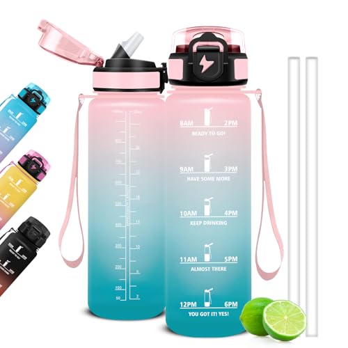 Mujigaga Gourde 1L, Gourde Motivation avec Paille et Graduée, 1 Litre Étanche, Bouteille d'Eau Sport pour Fitness, Bureau, l'école, Voyage